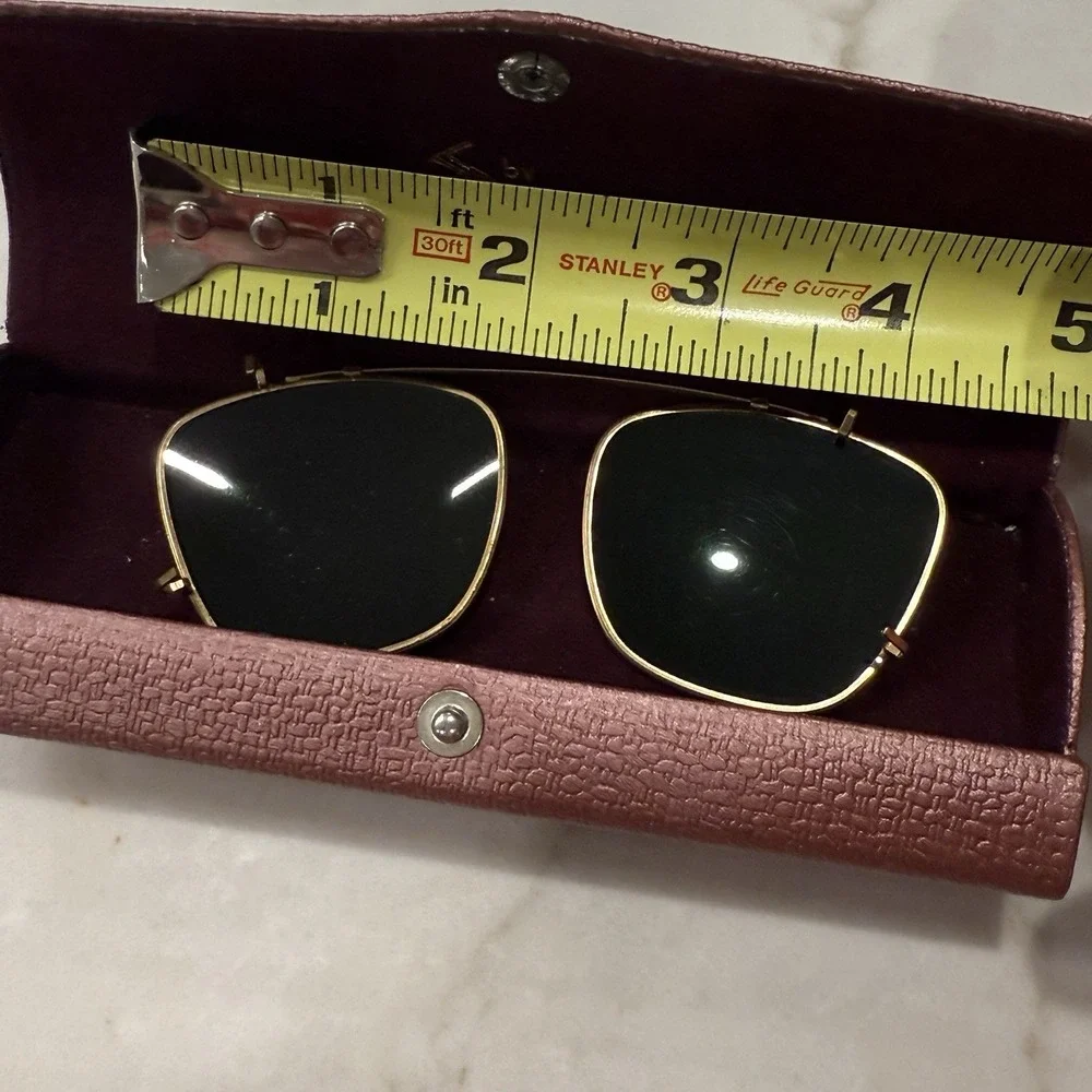 Vintage Benson Gold Rim Clip On Sunglasses Green Lenses Case